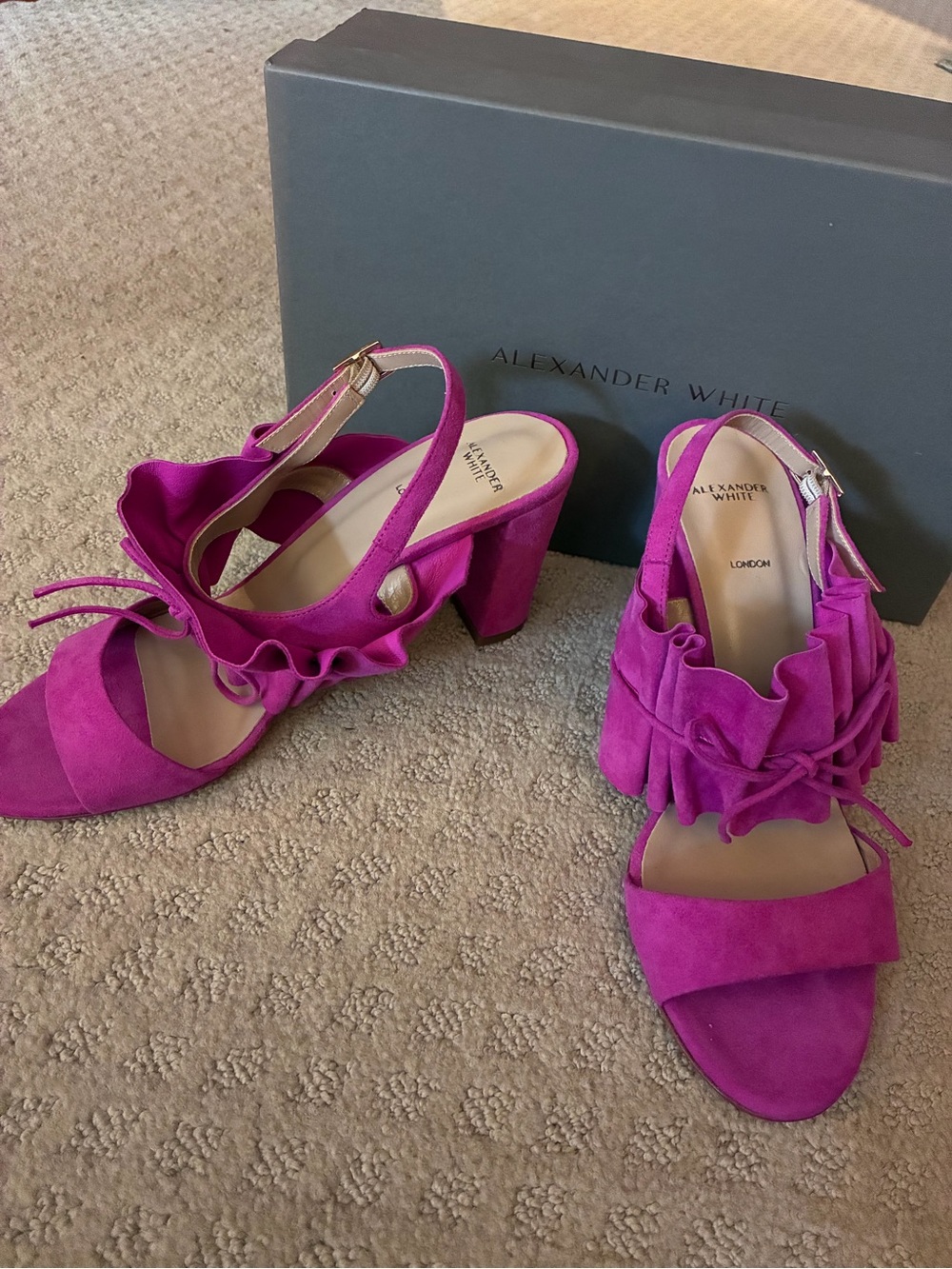 Alexander White Fuchsia Ruffle Suede Block Heel Sandals
